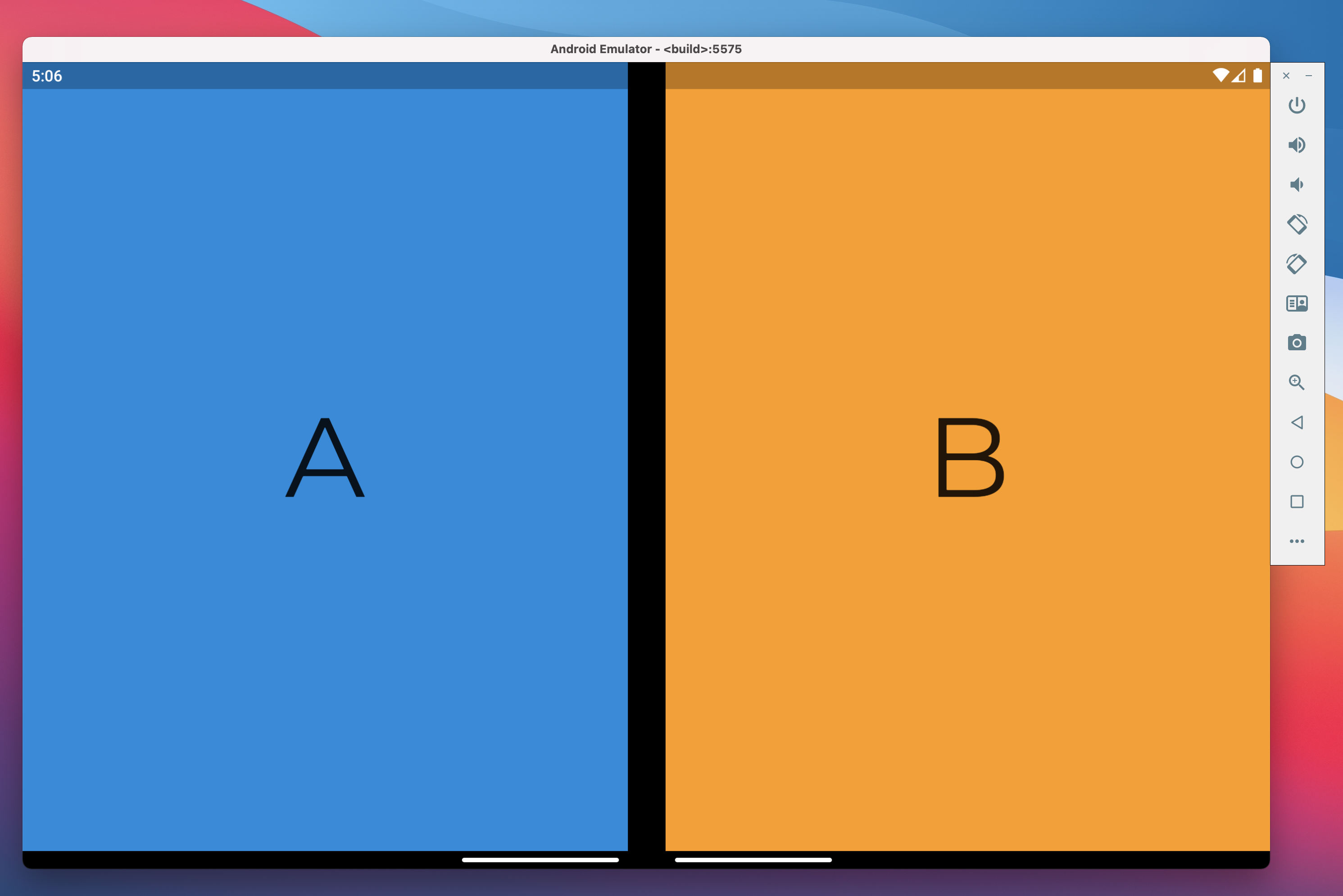Flutter TwoPaneView on Surface Duo, left screen shows a blue widget and the right screen shows an orange widget