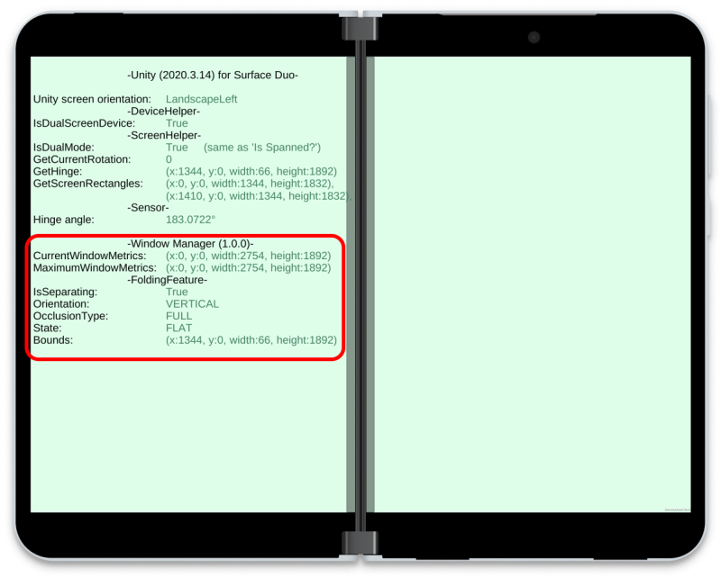 Screenshot shows Jetpack Window Manager properties showing in the Unity sample app.