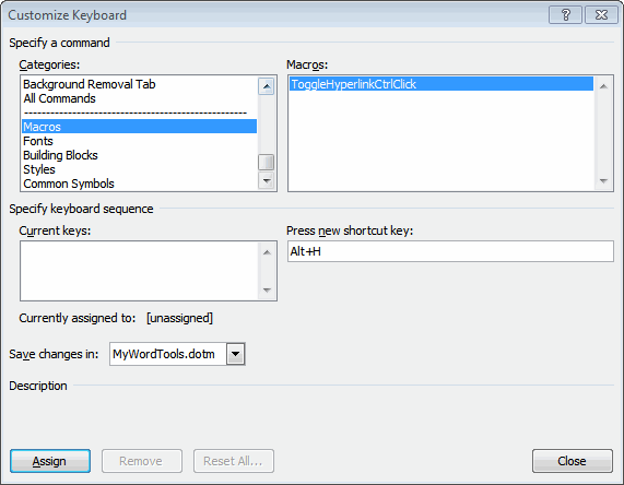 Customize Keyboard dialog box