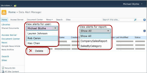 SharePoint 사이트 관리자용 경고 관리자