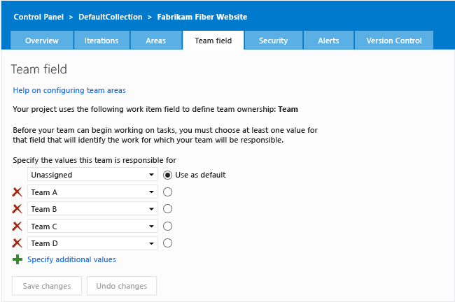 Team field page for team project admin context