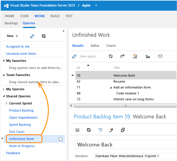 Add a query to team favorites in TFS web access