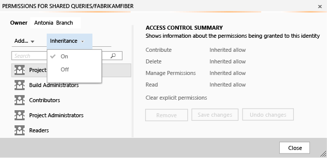 Security dialog box with Inheritance option