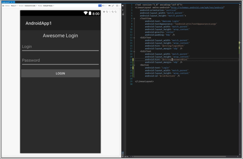 The Xamarin.Adroid Designer split-view editor