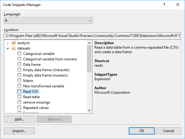 Code snippets dialog box for R