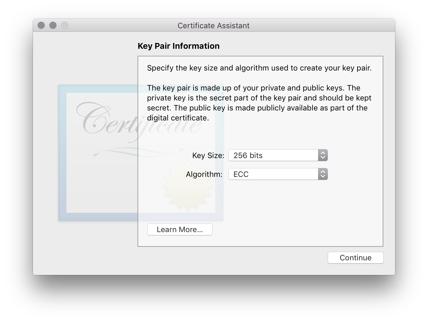 Enter key pair information dialog