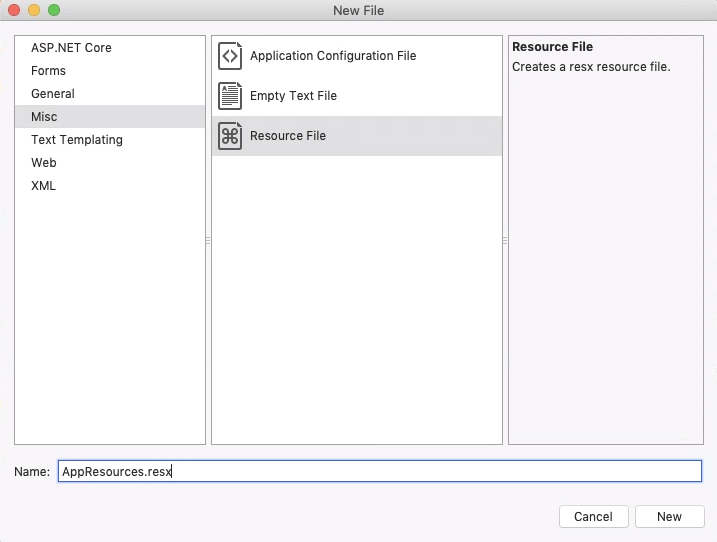 Mac용 Visual Studio 2019에서 새 리소스 추가