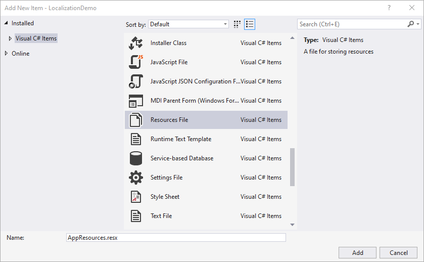 Visual Studio 2019에서 새 리소스 추가