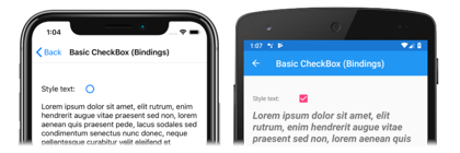 iOS 및 Android의 데이터 바인딩된 CheckBox 스크린샷