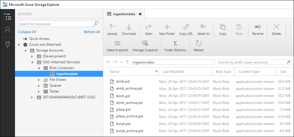 Azure Storage Explorer 업로드한 PST 파일 목록을 표시합니다.