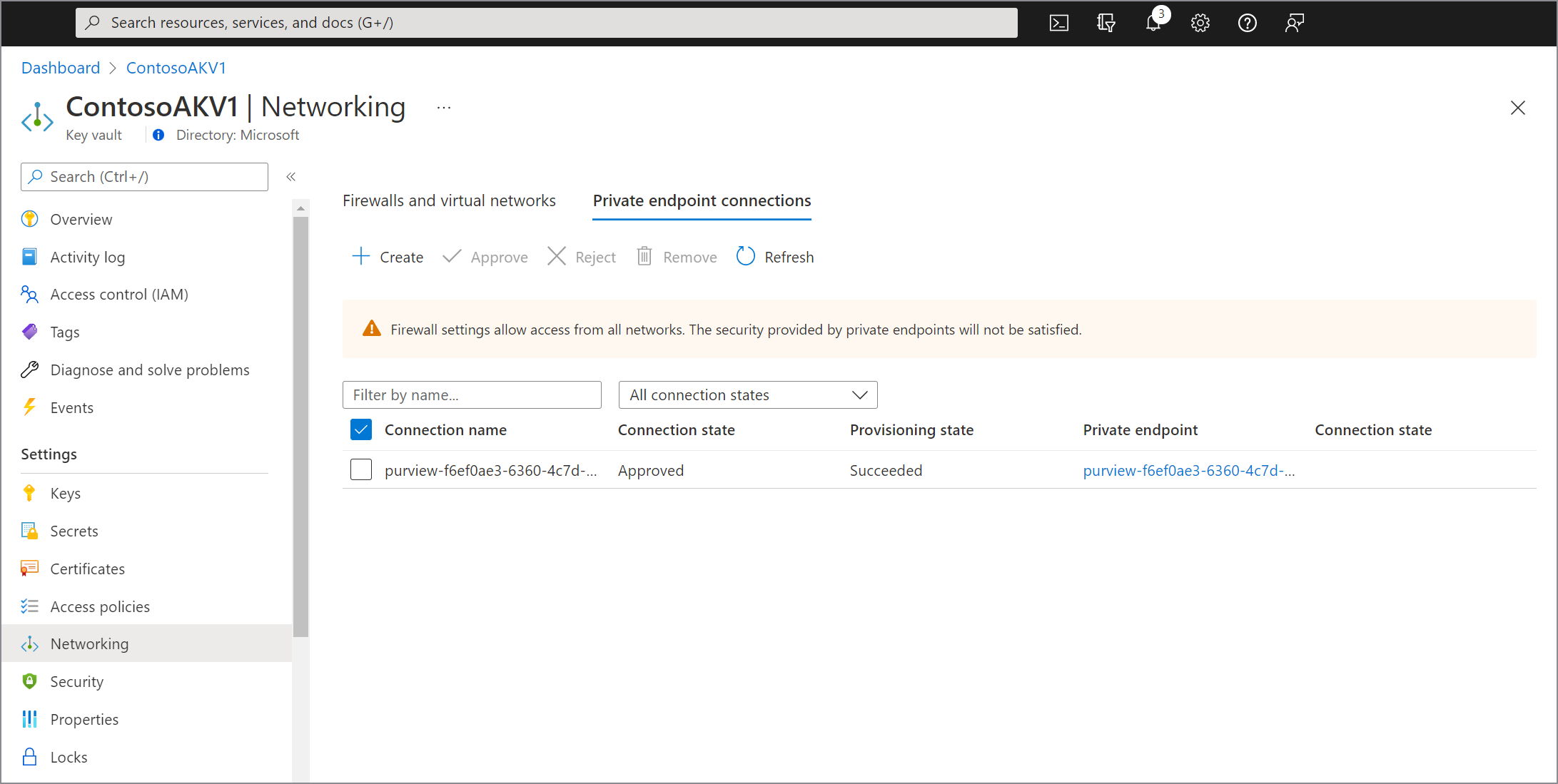 Azure Portal Azure Key Vault 대해 승인된 프라이빗 엔드포인트를 보여 주는 스크린샷