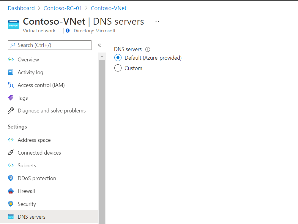 Azure 가상 네트워크 사용자 지정 DNS를 보여 주는 다이어그램