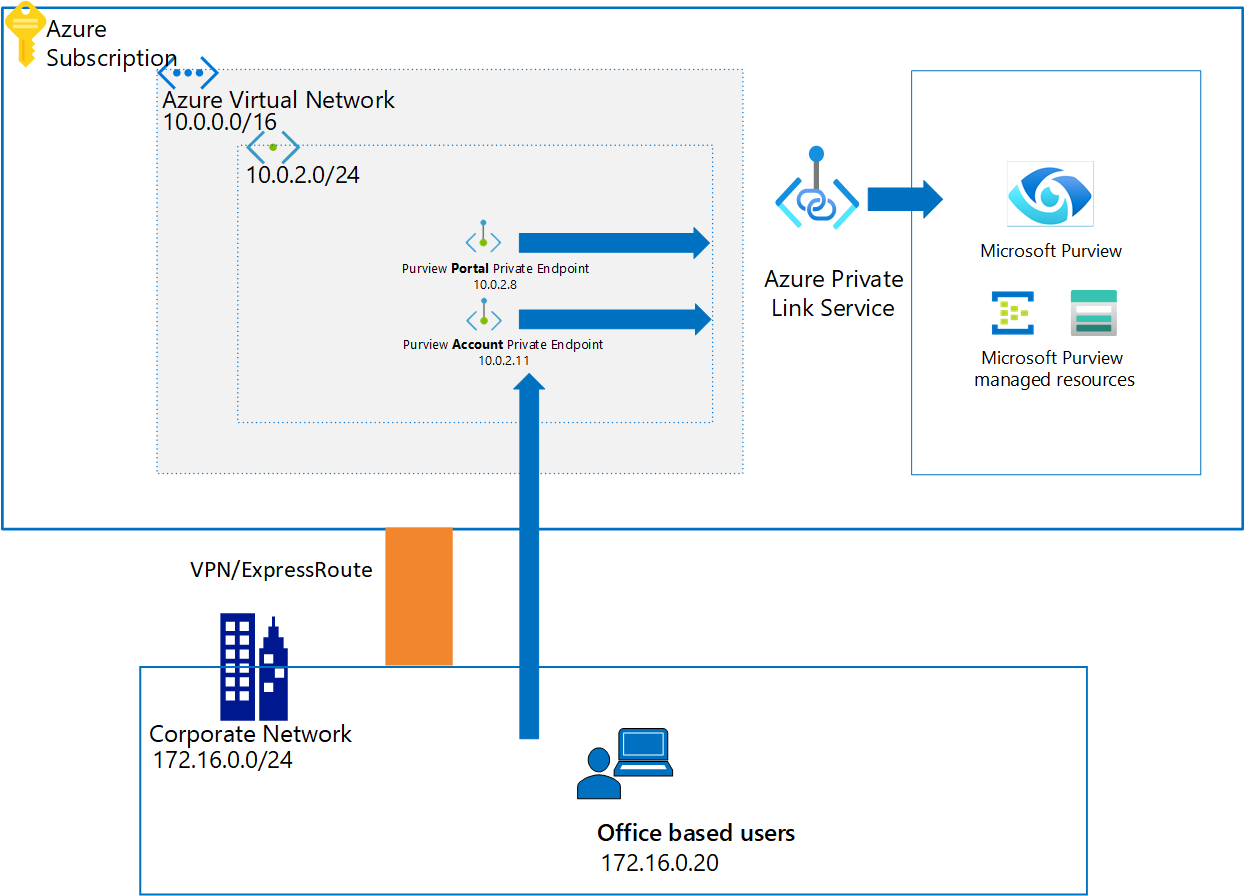 Microsoft Purview 및 Private Link 아키텍처를 보여 주는 다이어그램