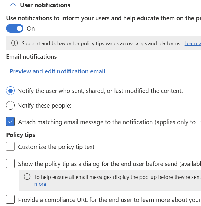 Exchange, SharePoint, OneDrive, Teams 채팅 및 채널 및 Defender for Cloud Apps 사용할 수 있는 사용자 알림 및 정책 팁 구성 옵션