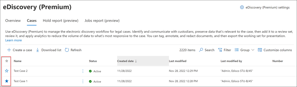 eDiscovery(프리미엄) 즐겨찾는 사례 목록입니다.