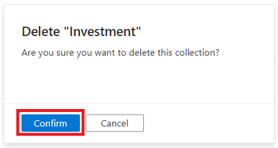 컬렉션을 삭제하라는 확인 메시지를 보여 주는 Microsoft Purview 거버넌스 포털 창의 스크린샷