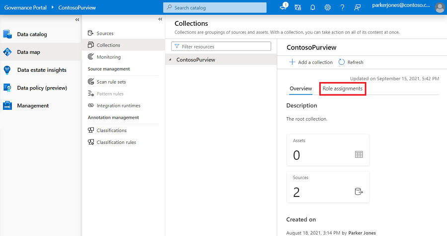 역할 할당 탭이 강조 표시된 데이터 맵에 열린 Microsoft Purview 거버넌스 포털 창의 스크린샷