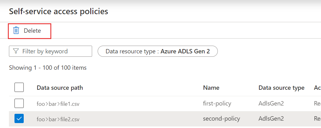 페이지 맨 위에 삭제 단추가 강조 표시된 셀프 서비스 액세스 정책을 선택한 스크린샷