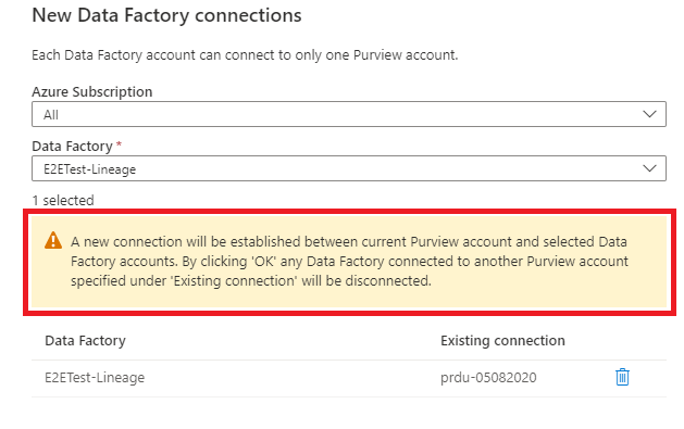 Azure Data Factory 연결을 끊는 경고를 보여 주는 스크린샷