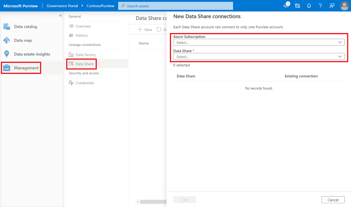 Azure Data Share 연결하는 관리 센터의 스크린샷