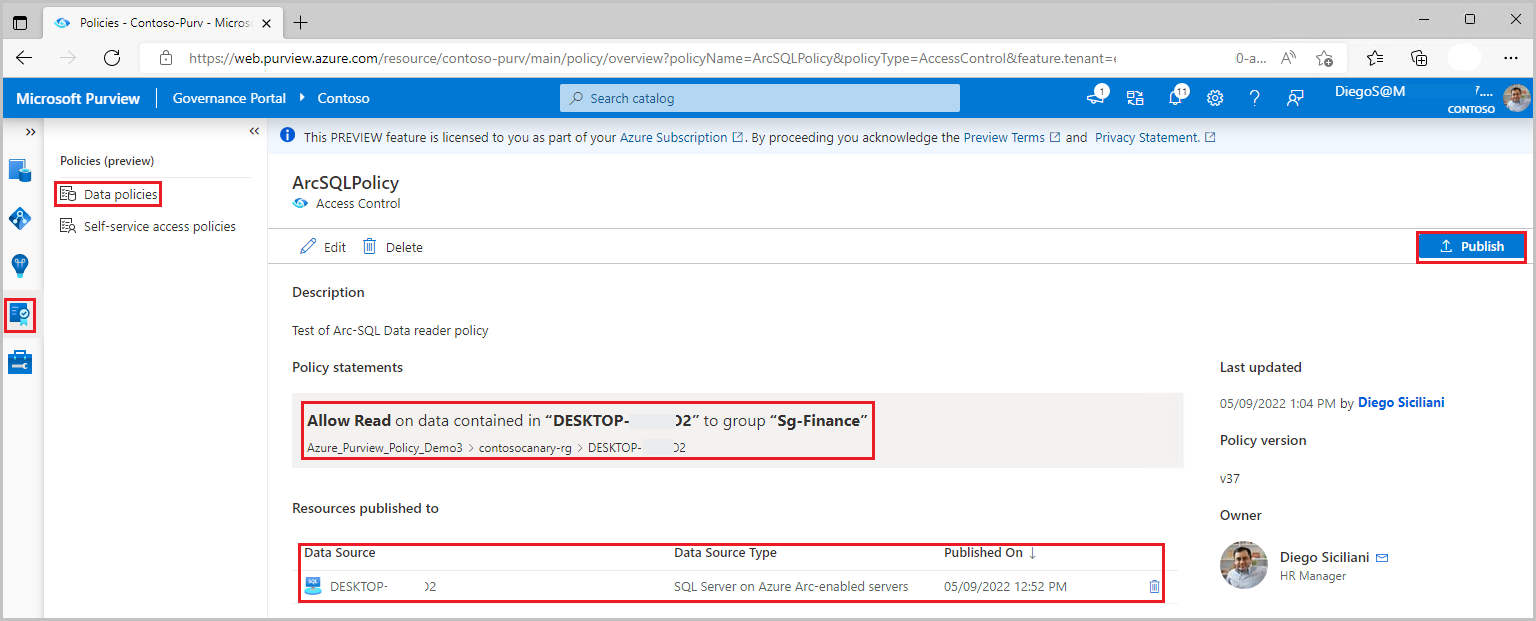 스크린샷은 Azure SQL 데이터베이스에 대한 데이터 읽기 권한자 액세스 권한을 부여하는 샘플 데이터 소유자 정책을 보여줍니다.