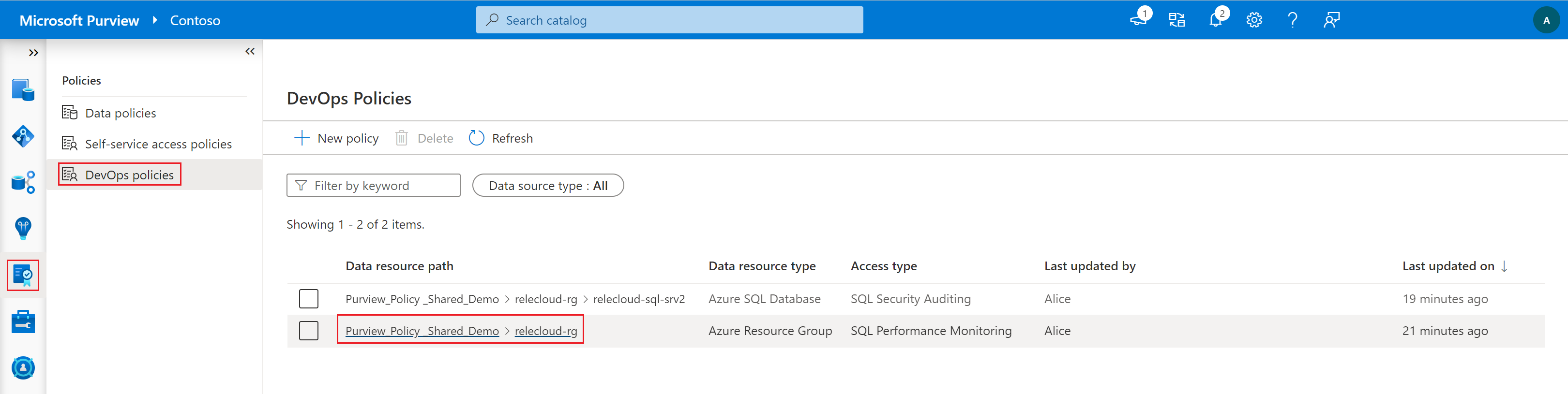 SQL DevOps 정책을 열기 위한 선택 항목을 보여 주는 스크린샷