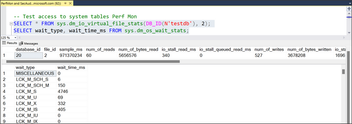 SQL 성능 모니터 대한 테스트를 보여 주는 스크린샷