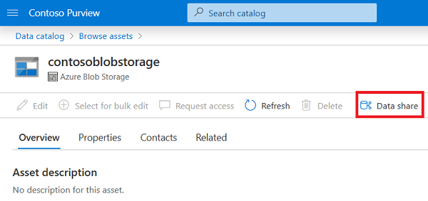 Data Share 선택 및 데이터 공유 관리가 강조 표시된 공유가 수신된 Blob Storage 계정의 스크린샷