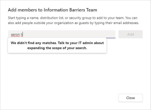 팀에 추가할 새 구성원을 검색하고 일치하는 항목을 찾지 못한 스크린샷.