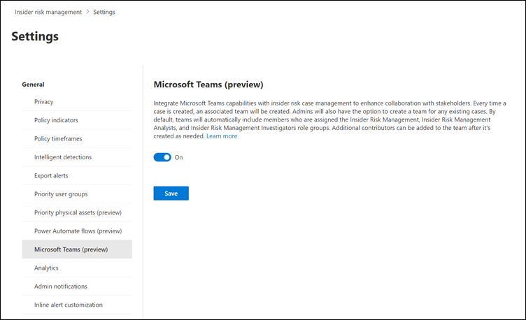 내부 위험 관리 Microsoft Teams.