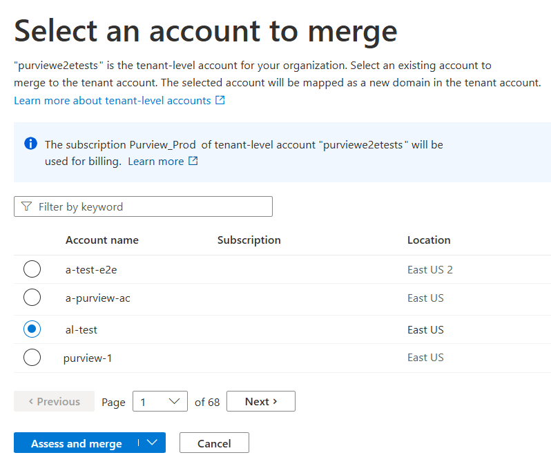 Microsoft Purview 포털의 계정 선택 메뉴 스크린샷