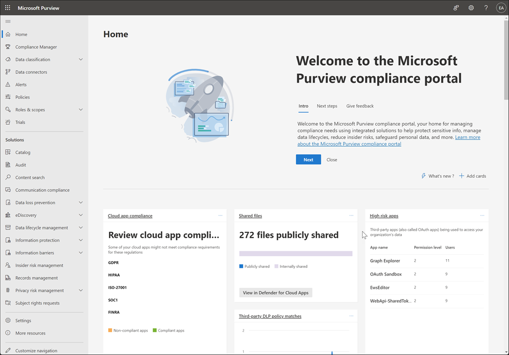 Microsoft Purview 규정 준수 포털 홈페이지.