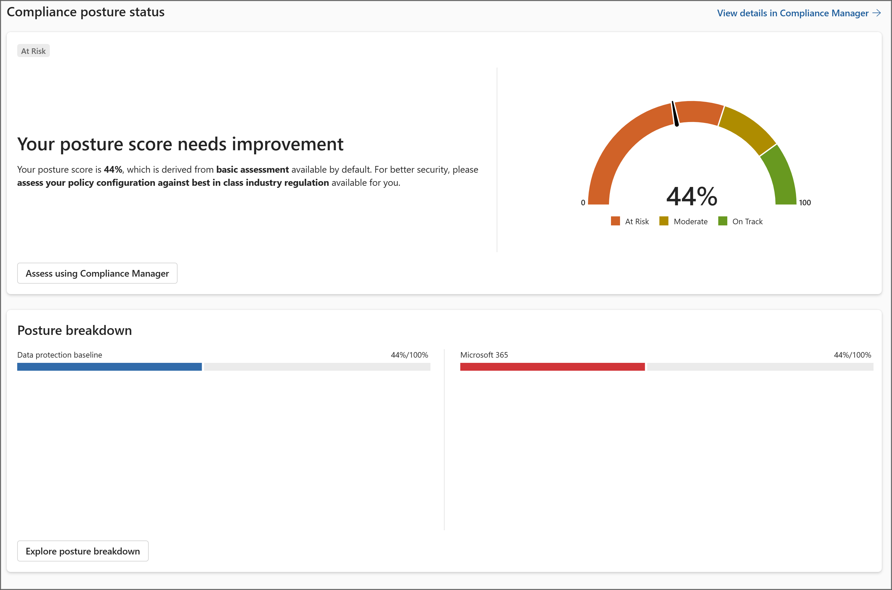 Microsoft Purview 포털 준수 상태 상태 카드.