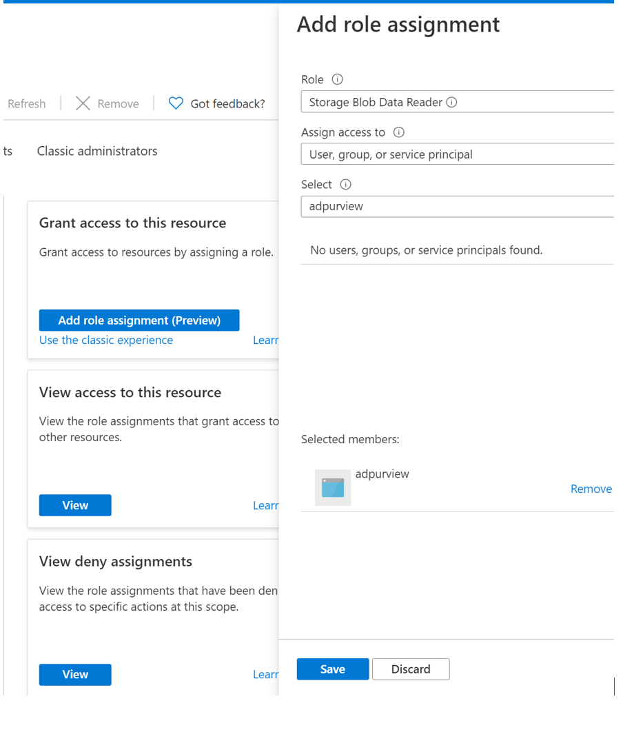 Microsoft Purview 계정에 대한 권한을 할당하는 세부 정보를 보여 주는 스크린샷