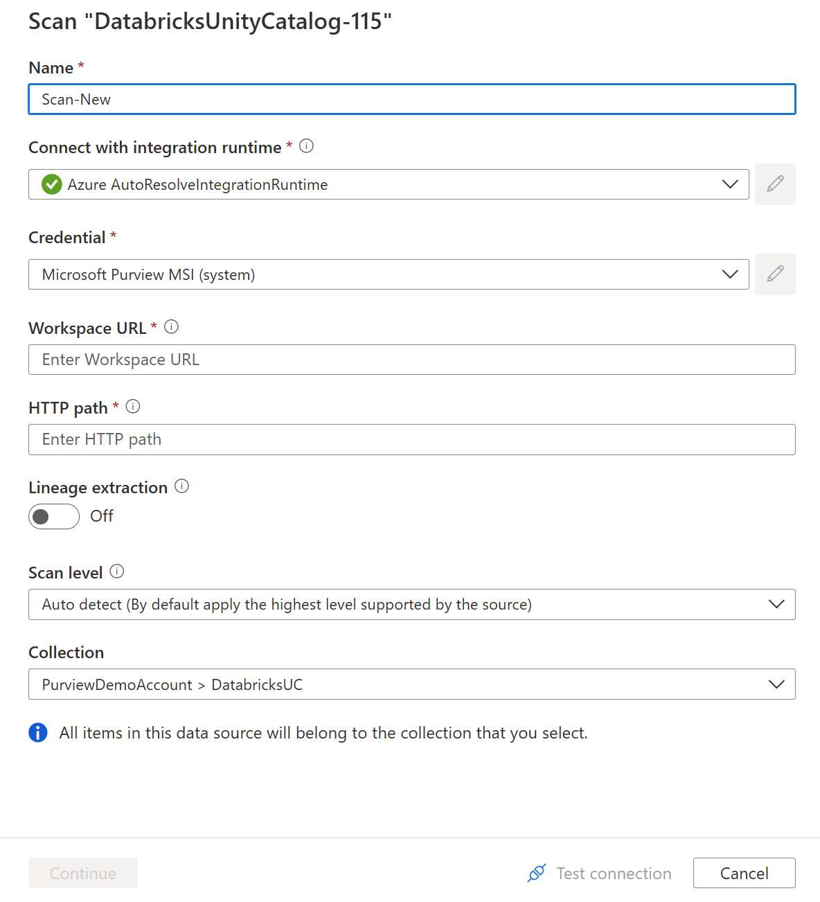 Azure Databricks Unity 카탈로그 검사를 설정하는 스크린샷