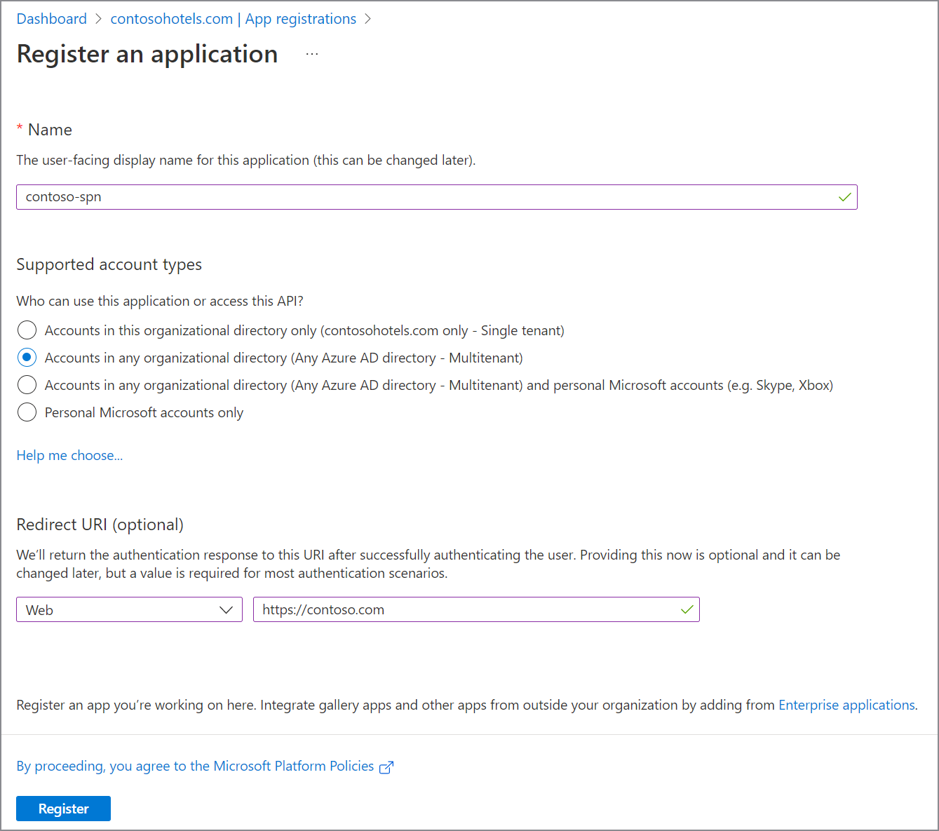 교차 테넌트용 Microsoft Entra ID 앱을 만드는 방법 스크린샷