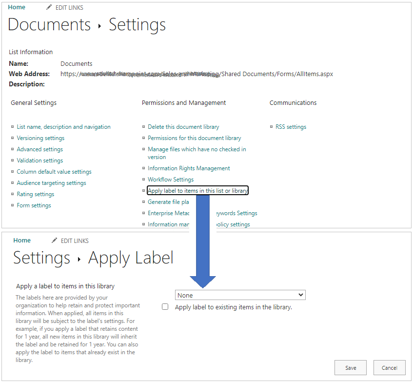 SharePoint 라이브러리에 대한 기본 레이블을 적용합니다.