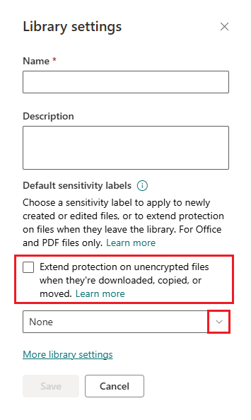 SharePoint 라이브러리 기본 민감도 레이블에 대한 사용 권한 확장 확인란