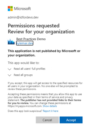 앱이 취소 및 수락 단추를 사용하여 요청하는 권한을 설명하는 '조직에 대해 검토 요청된 사용 권한' 대화 상자의 스크린샷