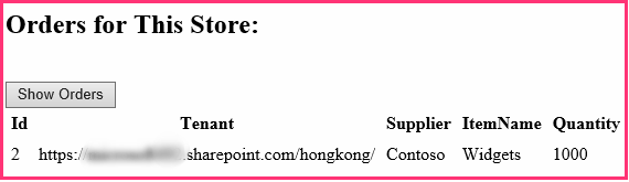 The section of the start page for orders with one order showing in an HTML table. It has columns for ID, Tenant, Supplier, Product, and Quantity.