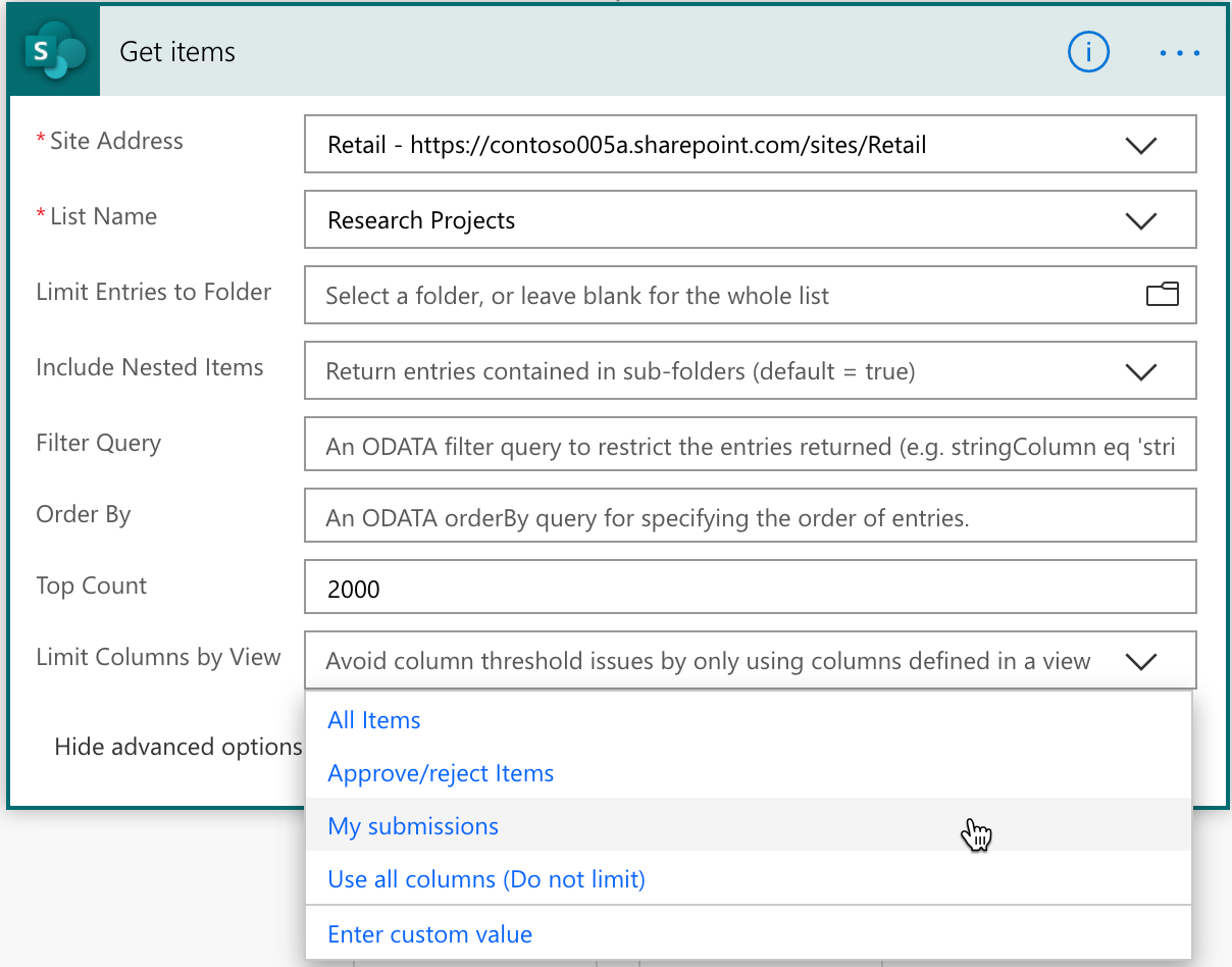 Limits columns returned by view in Get items action