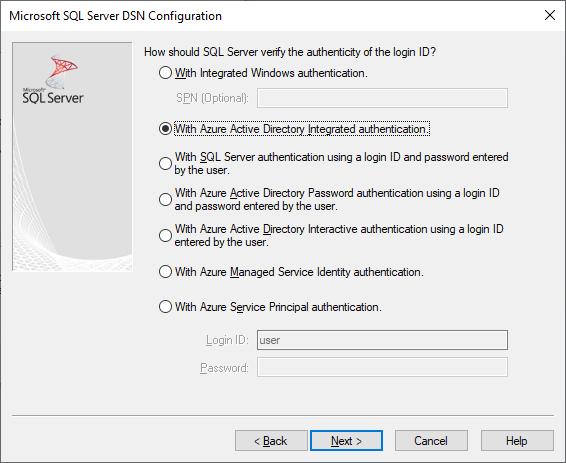 Microsoft Entra 통합 인증이 선택된 DSN 생성 및 편집 화면.