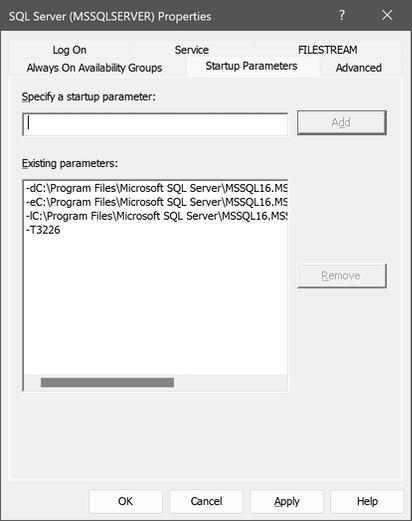 시작 매개 변수 탭이 선택된 SQL Server(MSSQLSERVER) 속성 대화 상자의 스크린샷.