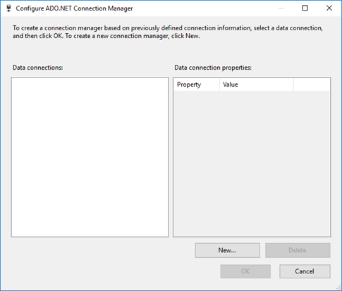 ADO.NET 연결 관리자 구성 대화 상자의 스크린샷. 연결 관리자를 설정하고 구성하는 데 컨트롤을 사용할 수 있습니다.