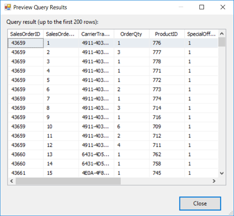 쿼리 결과 프리뷰 대화 상자의 스크린샷. 원본 테이블의 여러 판매 데이터 행이 표시됩니다.
