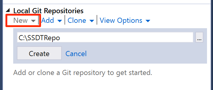 새로 만들기 옵션을 호출한 로컬 Git 리포지토리 섹션의 스크린샷.