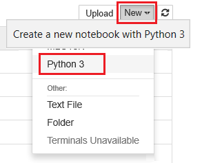 새 Python 3 선택 항목이 있는 Jupyter Notebook의 스크린샷