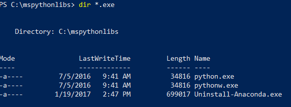 dir *.exe 실행으로 인한 Python 실행 파일 목록을 보여 주는 PowerShell 터미널의 스크린샷