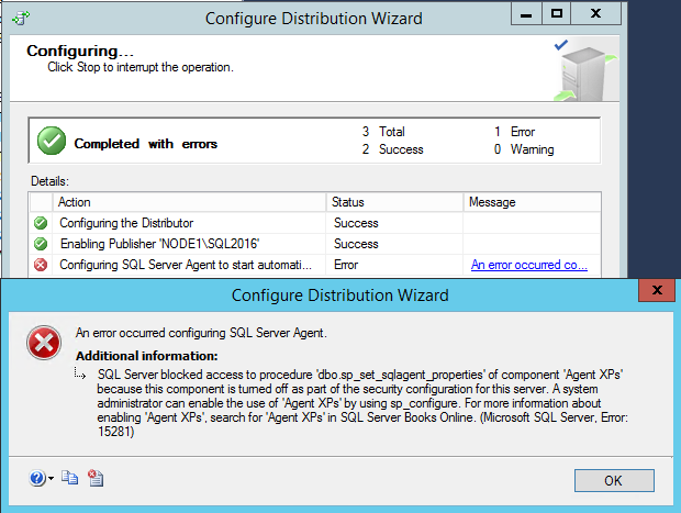 SQL Server 에이전트 구성하기 위한 오류 메시지의 스크린샷