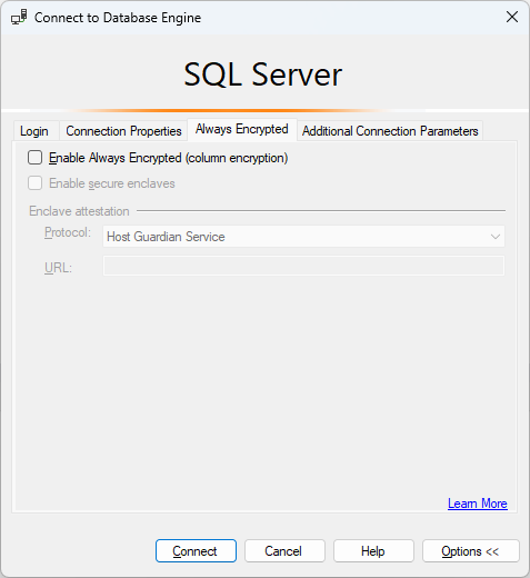 Always Encrypted를 사용하지 않도록 설정된 SSMS 연결 옵션의 스크린샷입니다.